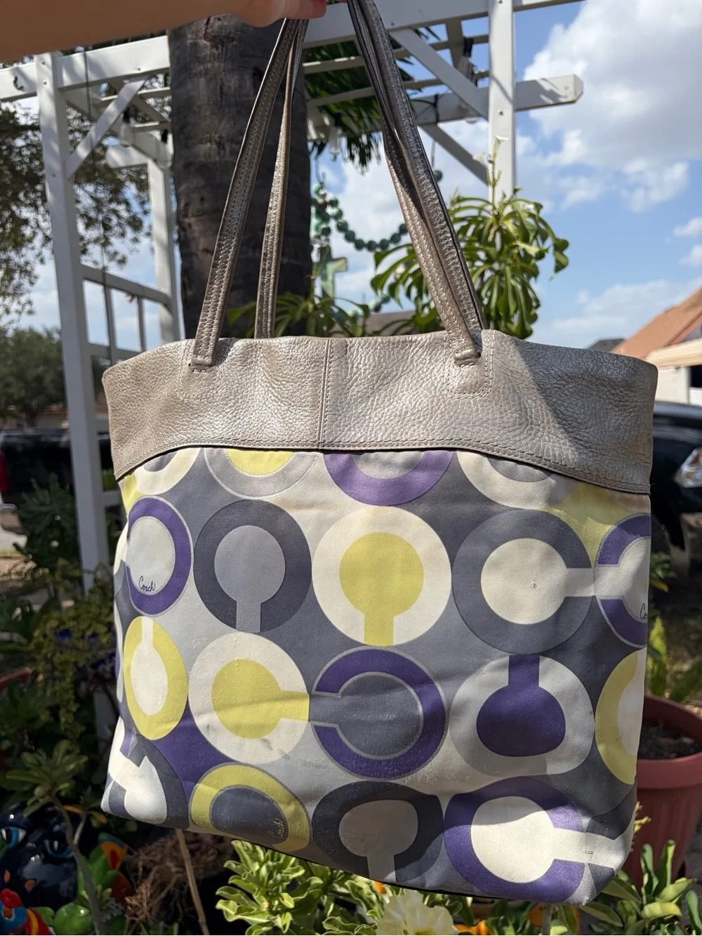 Coach Metallic Silver Leather Tote with Purple & Yellow Patterned Canvas
